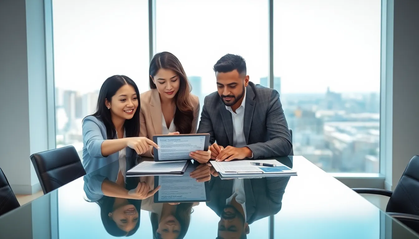 diverse team discussing travel insurance in a modern office.