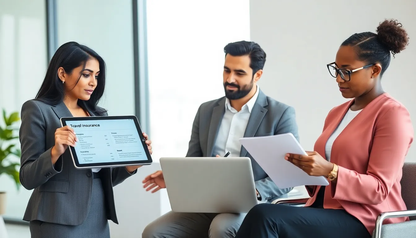professionals discussing travel insurance in a modern office setting.