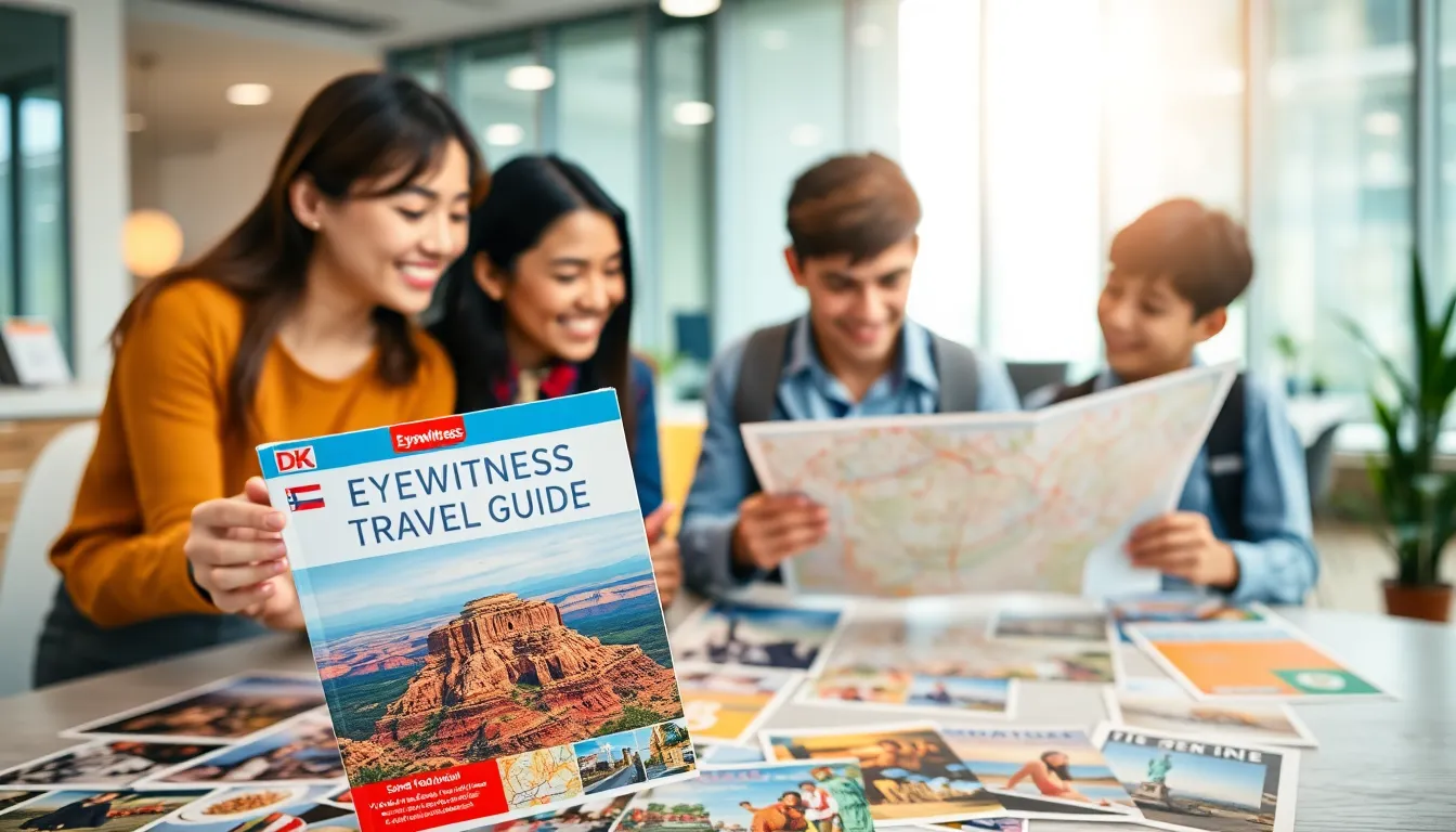 diverse travelers exploring a travel guide with maps and images.