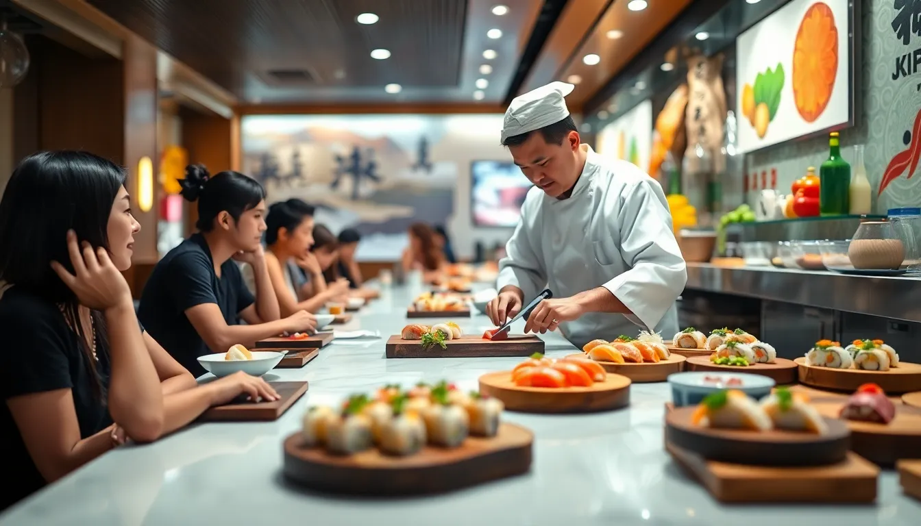 a sushi chef preparing sushi at a modern sushi bar.