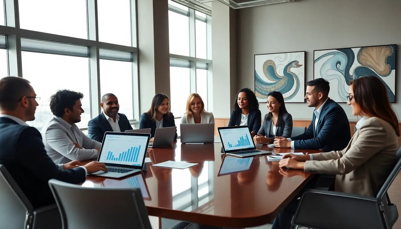 diverse team discussing group travel insurance in a modern office.
