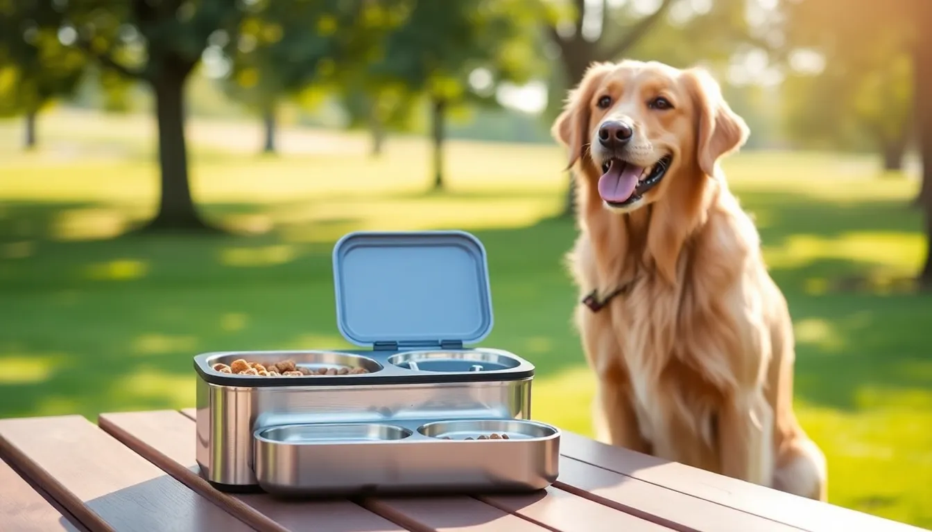 travel dog food and water container with a happy dog outdoors.