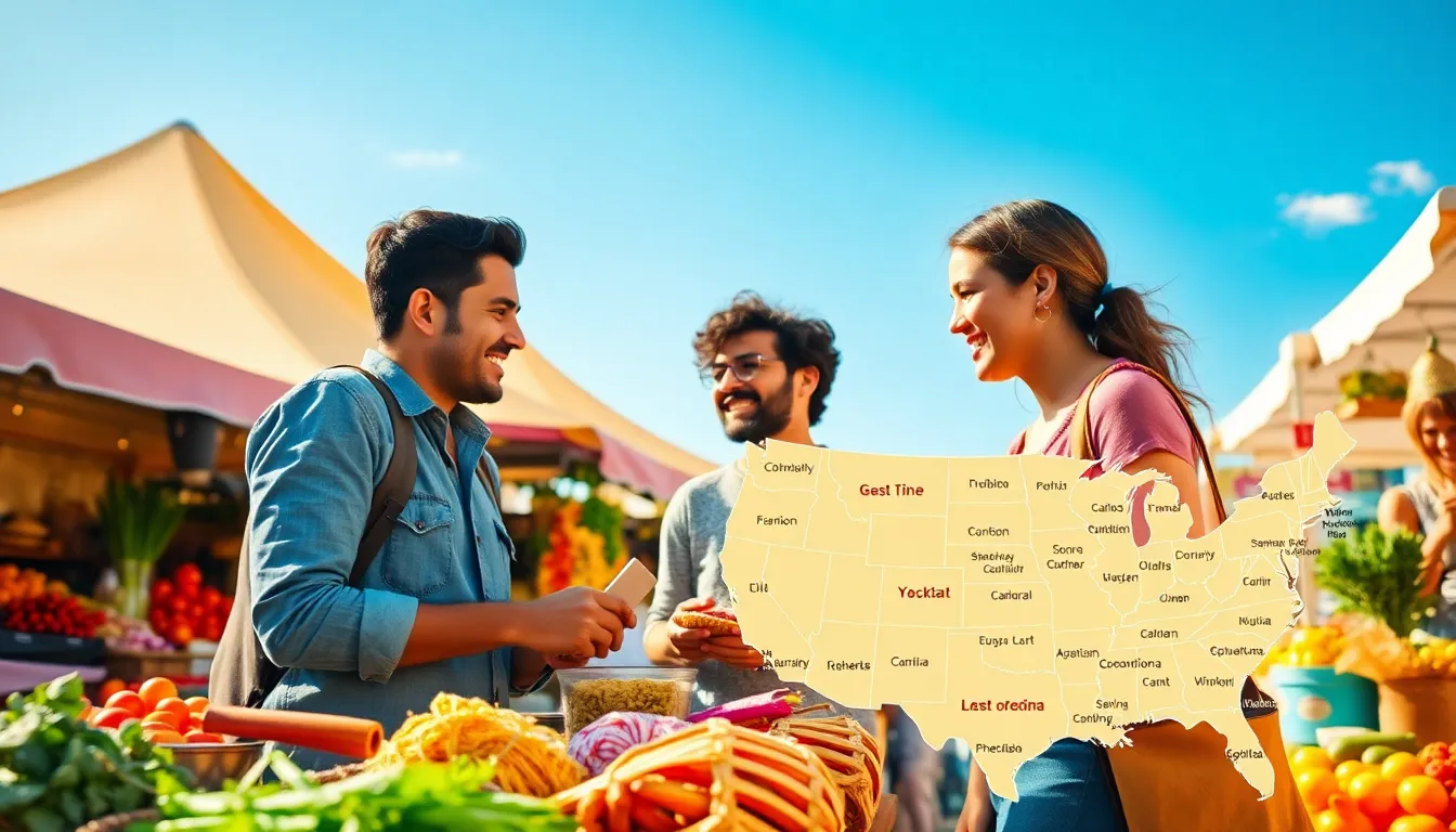 diverse travelers exploring a local food market in the United States.
