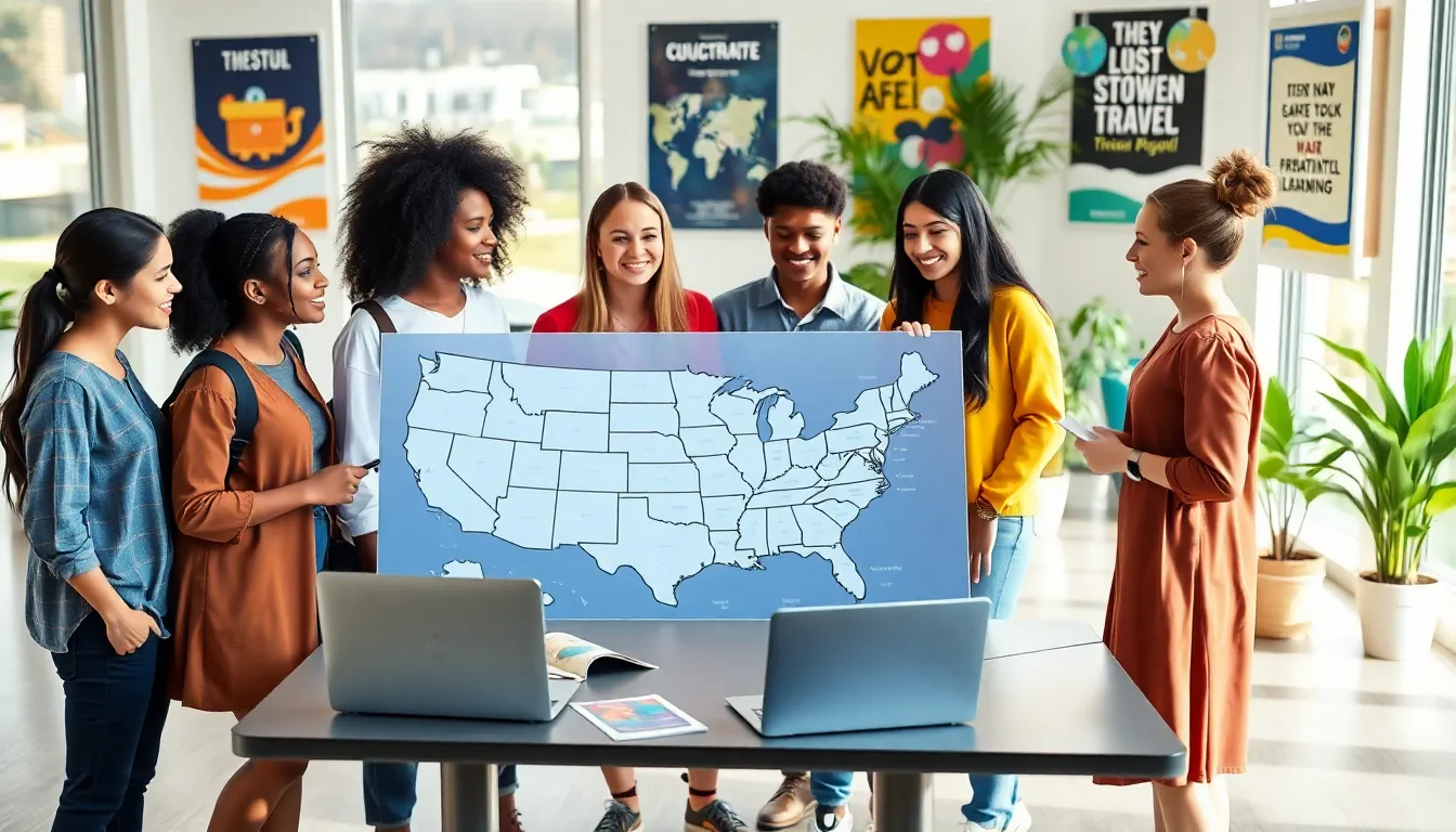 diverse students planning travel in a modern study space.