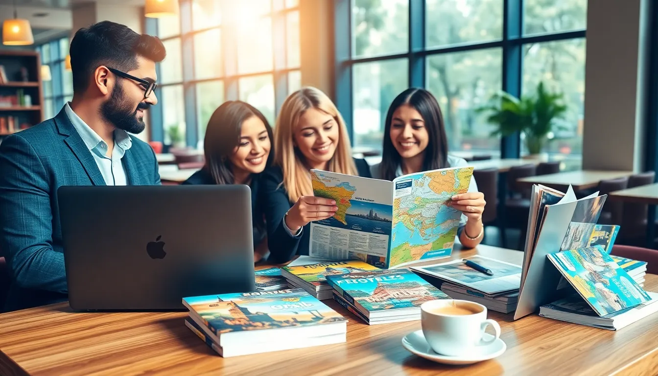 diverse professionals discussing travel guide books in a café.